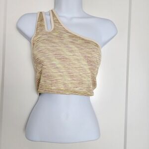 Aerie OFFLINE One Shoulder Cutout Crop Top Women M Yellow Brown Space Dye Ribbed